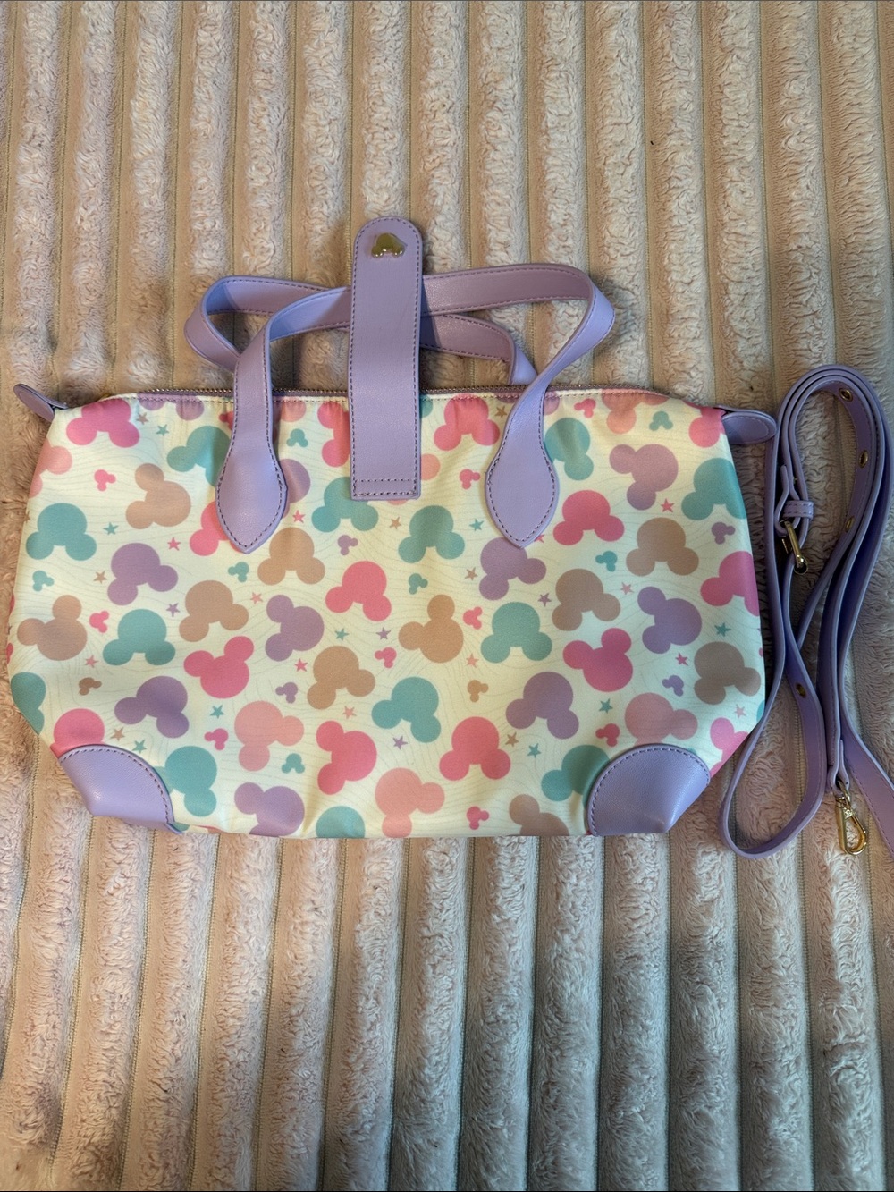 Pastel Multi-Color Patterned Tote Bag with Lavender Trim 15x9